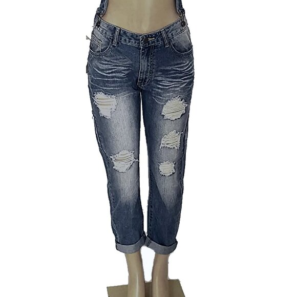 Machine Denim - MACHINE Nouvelle Mode Women's Distressed Suspender Cotton Shredded Jeans Size 26